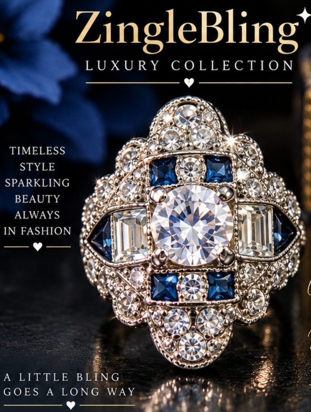 Art Deco Style Blue Crystal Glass Statement Cocktail Ring Size 6